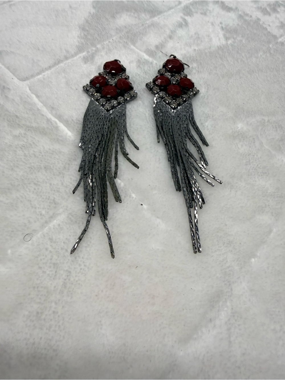 Red Gem Fringe Drop Earrings with Gunmetal Tassels missing one 🪝 hook